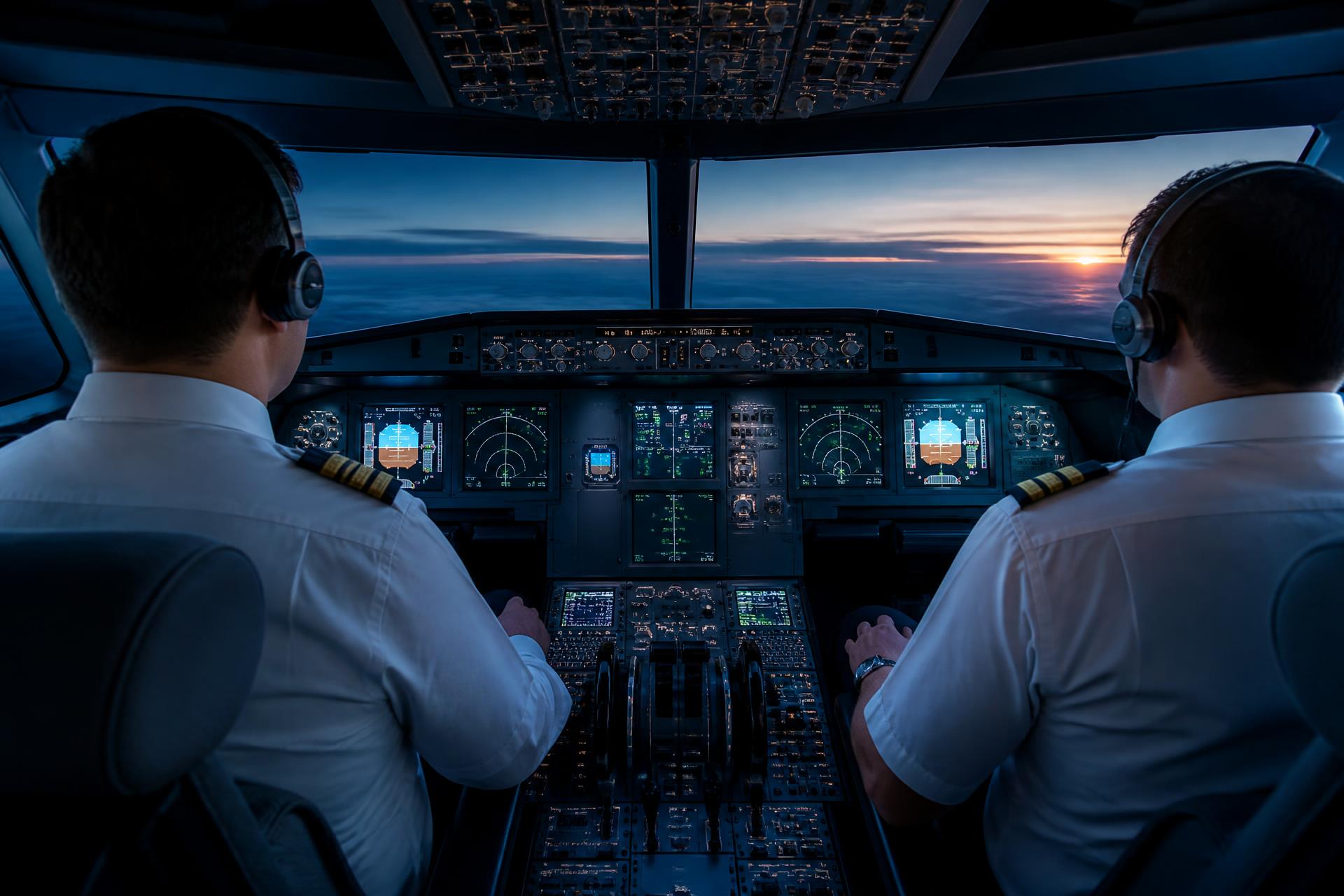 Two airline pilots at the controls of a glass cockpit during interview and assessment preparation